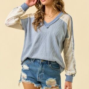 Lovely Melody Blue and Cream Long Sleeve Top